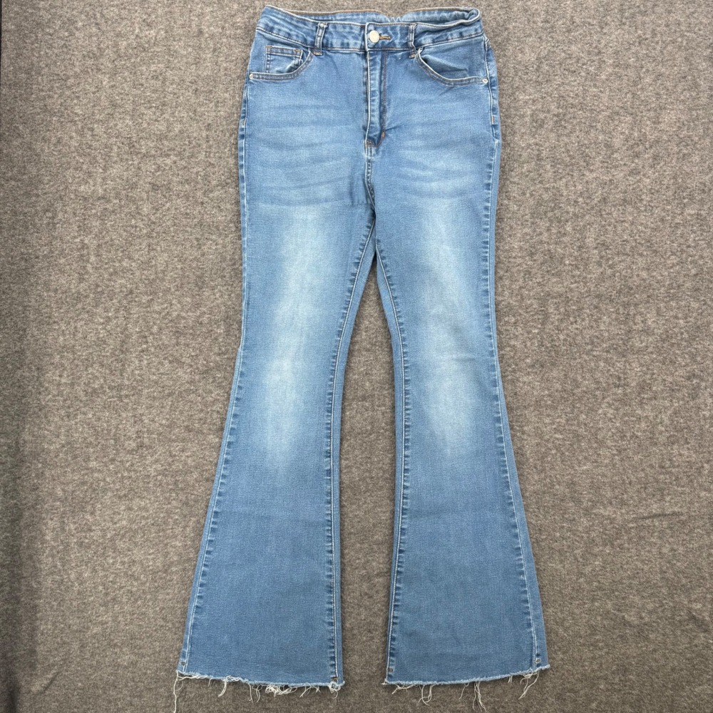 SHEIN Womens High Waisted Flare Jeans Blue Medium Wash Raw Hem Size L 8/10